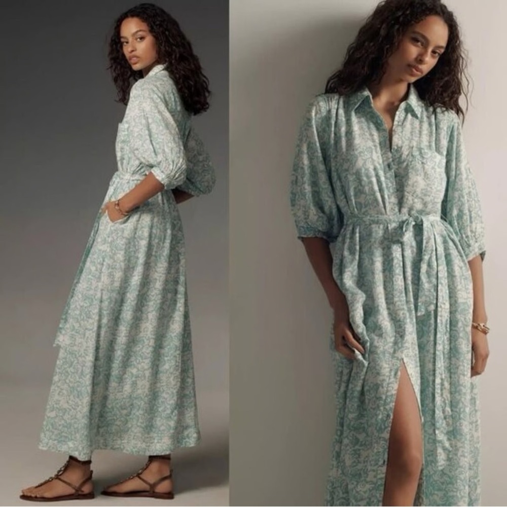 Anthropologie Maeve Button Front Belted Wrap Maxi Dress in Sky Size XL Linen